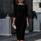 Karoline | Women's Ruched Boat Neck Cocktail Dress Knee-Length