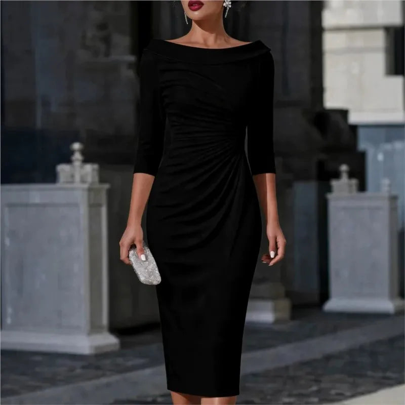 Karoline | Women's Ruched Boat Neck Cocktail Dress Knee-Length