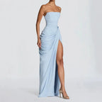 Lynn | Women's Strapless Ruched Maxi Dress with High Slit