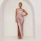 Ilona | Women's Satin Cowl-Neck Maxi Dress with High Slit
