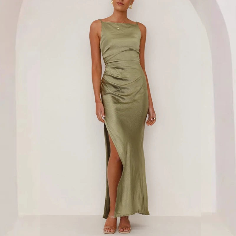 Ilona | Women's Satin Cowl-Neck Maxi Dress with High Slit