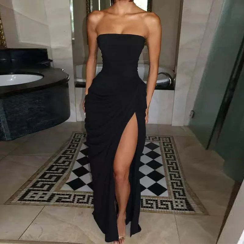 Lynn | Women's Strapless Ruched Maxi Dress with High Slit