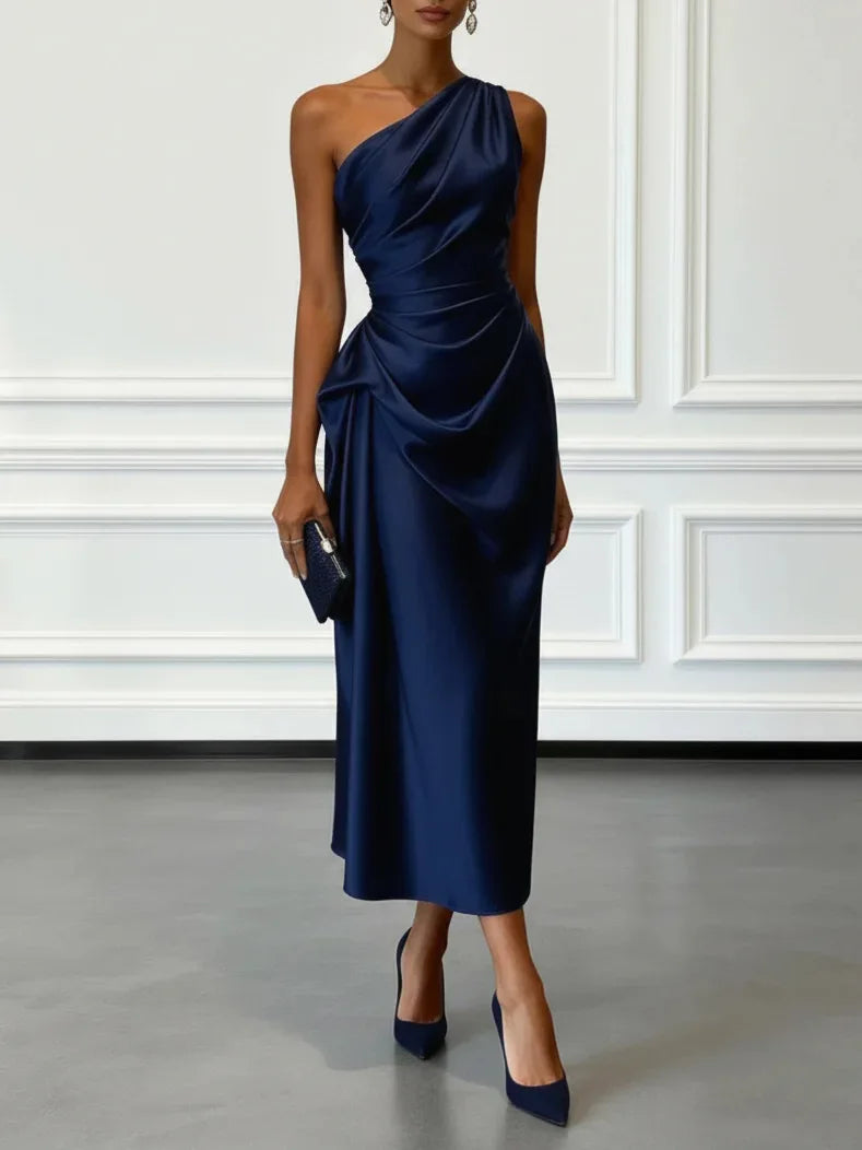 Heleen | Women's Draped One-Shoulder Satin Midi Dress