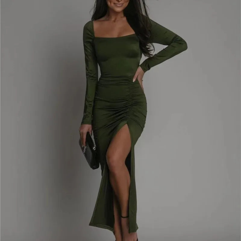 Dorothea | Women's Ruched Bodycon Maxi Dress with Side Slit