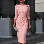 Karoline | Women's Ruched Boat Neck Cocktail Dress Knee-Length