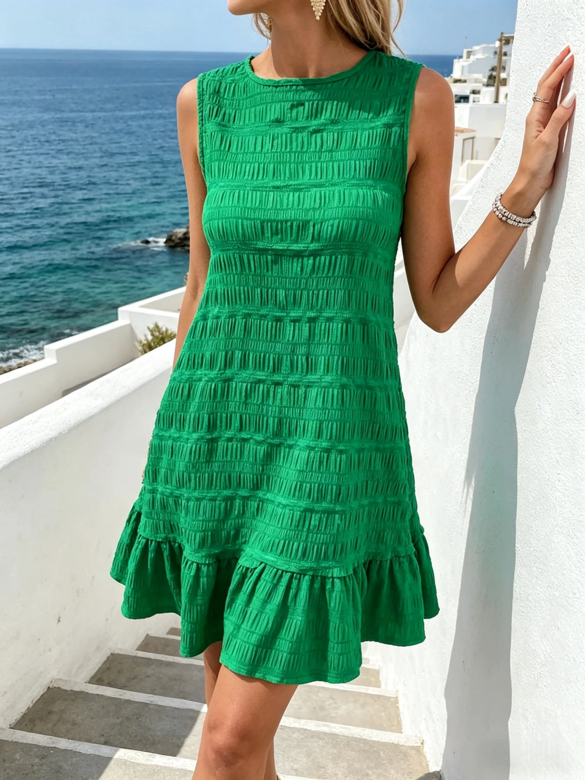 Nele | Women's Sage Green Ruffle-Hem Tie-Back Mini Dress