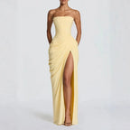 Lynn | Women's Strapless Ruched Maxi Dress with High Slit