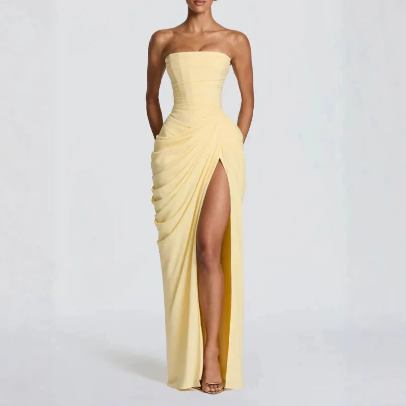 Lynn | Women's Strapless Ruched Maxi Dress with High Slit