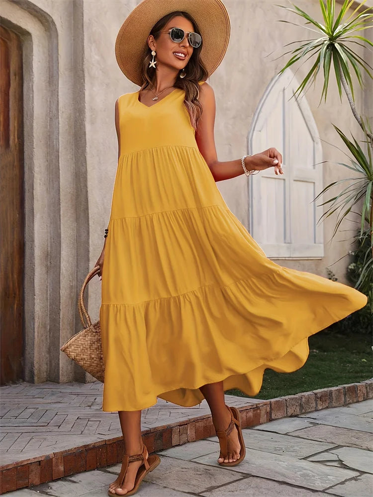 Nicoline | Women's Tiered A-Line Sleeveless Midi Dress