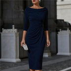 Karoline | Women's Ruched Boat Neck Cocktail Dress Knee-Length