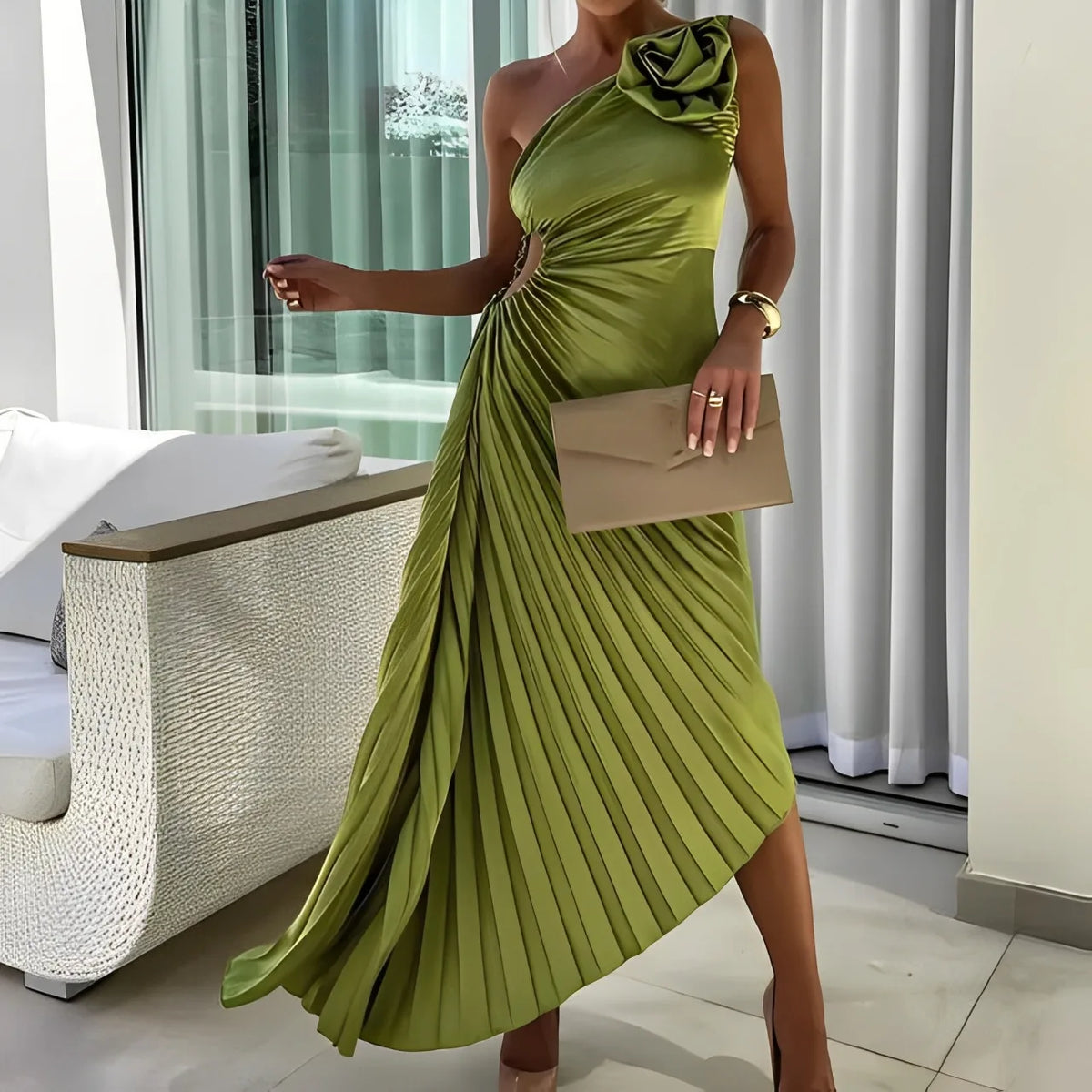 Eliane | Women's One-Shoulder Rosette Pleated Maxi Dress