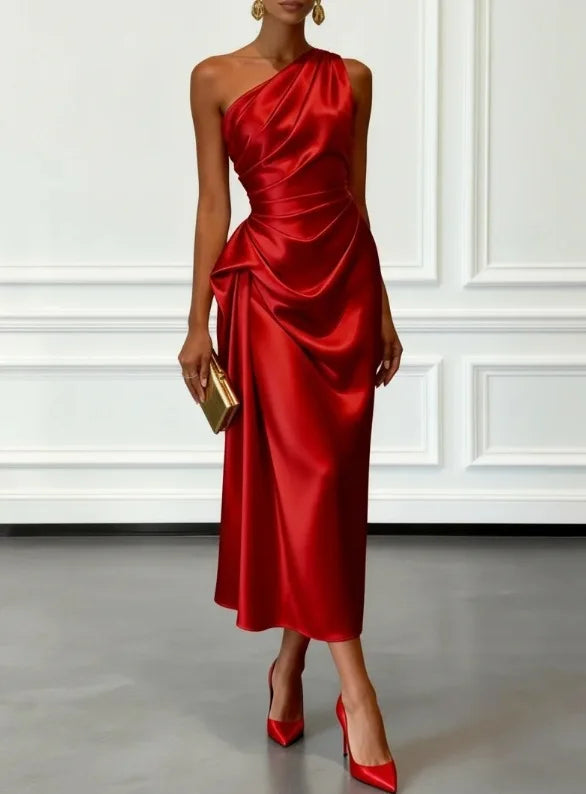 Heleen | Women's Draped One-Shoulder Satin Midi Dress