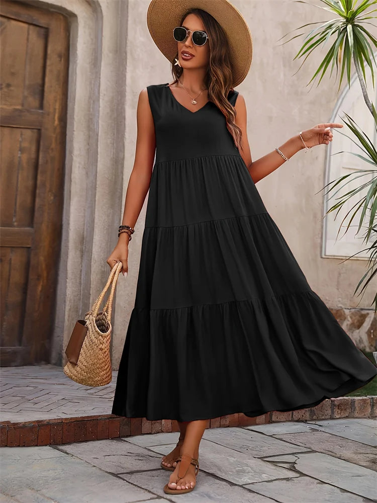 Nicoline | Women's Tiered A-Line Sleeveless Midi Dress