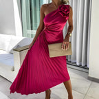 Eliane | Women's One-Shoulder Rosette Pleated Maxi Dress