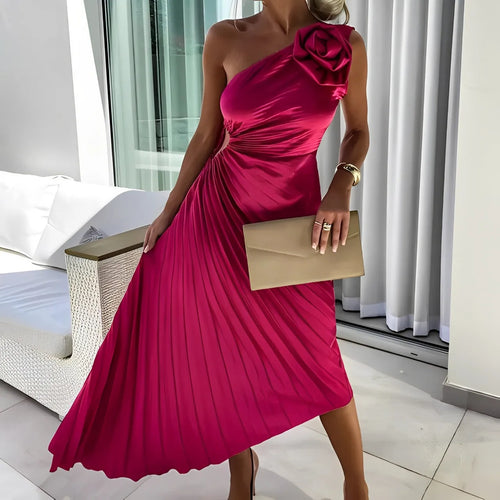 Eliane | Women's One-Shoulder Rosette Pleated Maxi Dress