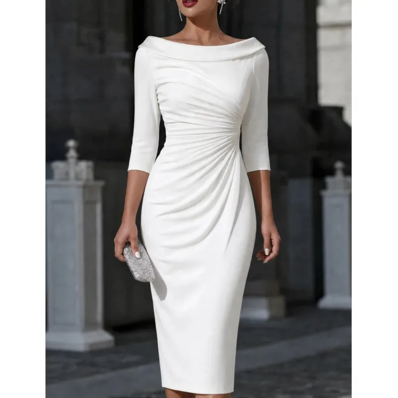 Karoline | Women's Ruched Boat Neck Cocktail Dress Knee-Length