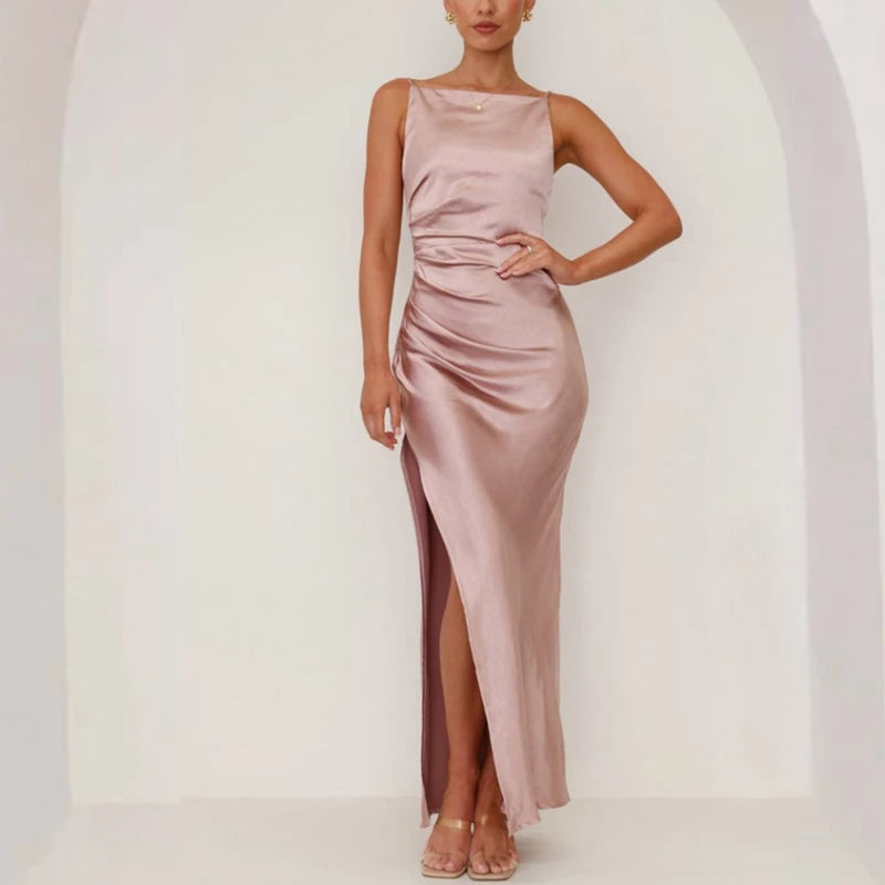 Ilona | Women's Satin Cowl-Neck Maxi Dress with High Slit