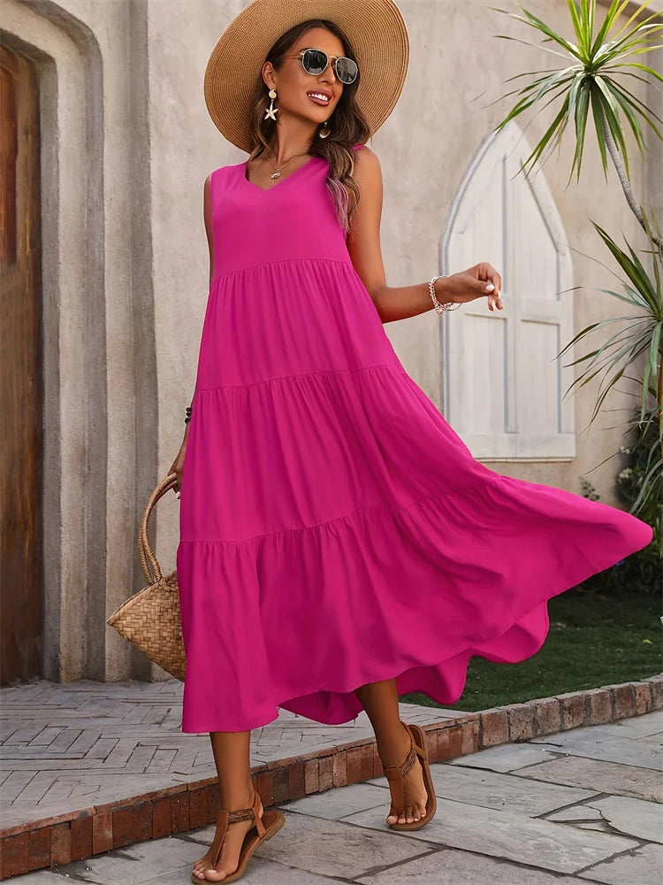 Nicoline | Women's Tiered A-Line Sleeveless Midi Dress
