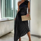 Eliane | Women's One-Shoulder Rosette Pleated Maxi Dress