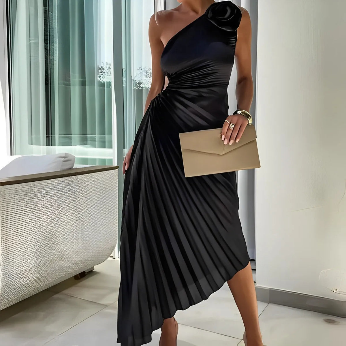 Eliane | Women's One-Shoulder Rosette Pleated Maxi Dress