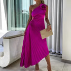 Eliane | Women's One-Shoulder Rosette Pleated Maxi Dress