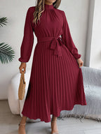 Nanna | Women's Belted Pleated Midi Dress with Mock Neck