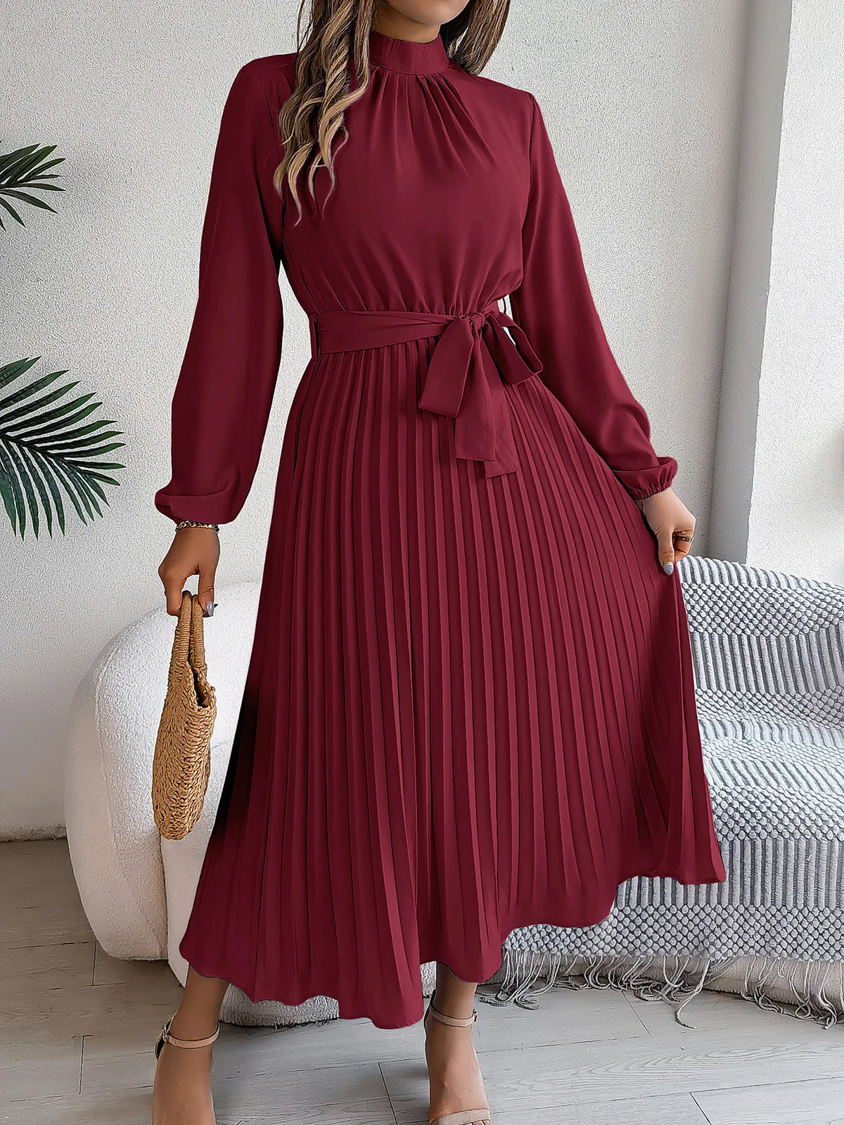 Nanna | Women's Belted Pleated Midi Dress with Mock Neck