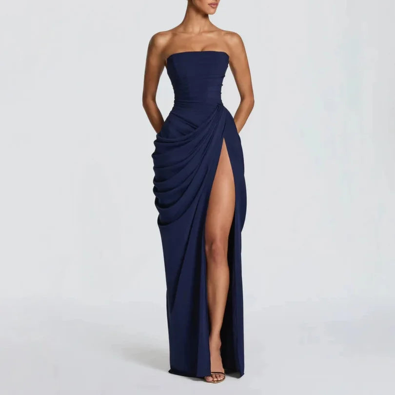 Lynn | Women's Strapless Ruched Maxi Dress with High Slit