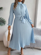 Nanna | Women's Belted Pleated Midi Dress with Mock Neck