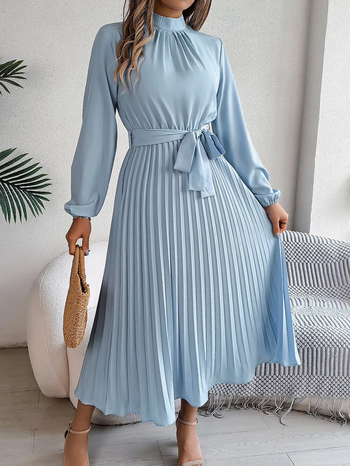 Nanna | Women's Belted Pleated Midi Dress with Mock Neck
