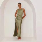 Ilona | Women's Satin Cowl-Neck Maxi Dress with High Slit