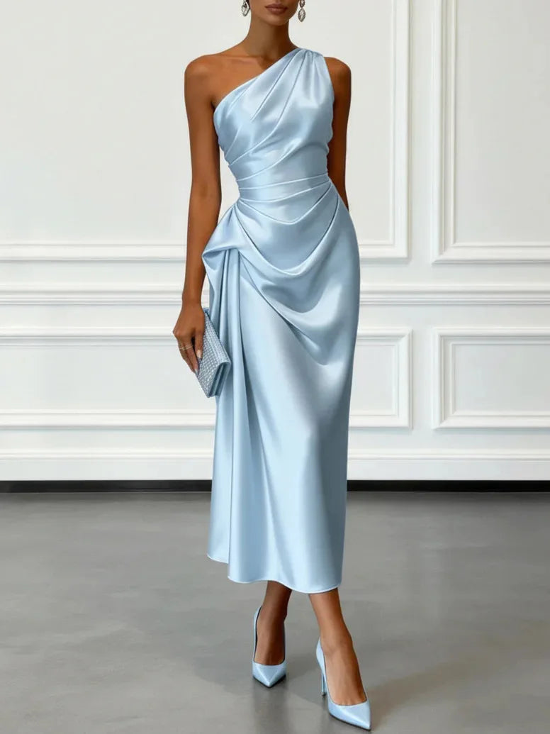 Heleen | Women's Draped One-Shoulder Satin Midi Dress