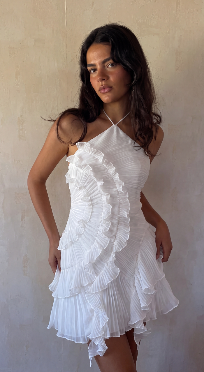 Charline | Women's Halter Neck Ruffle Mini Dress with Asymmetric Hem