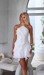 Charline | Women's Halter Neck Ruffle Mini Dress with Asymmetric Hem