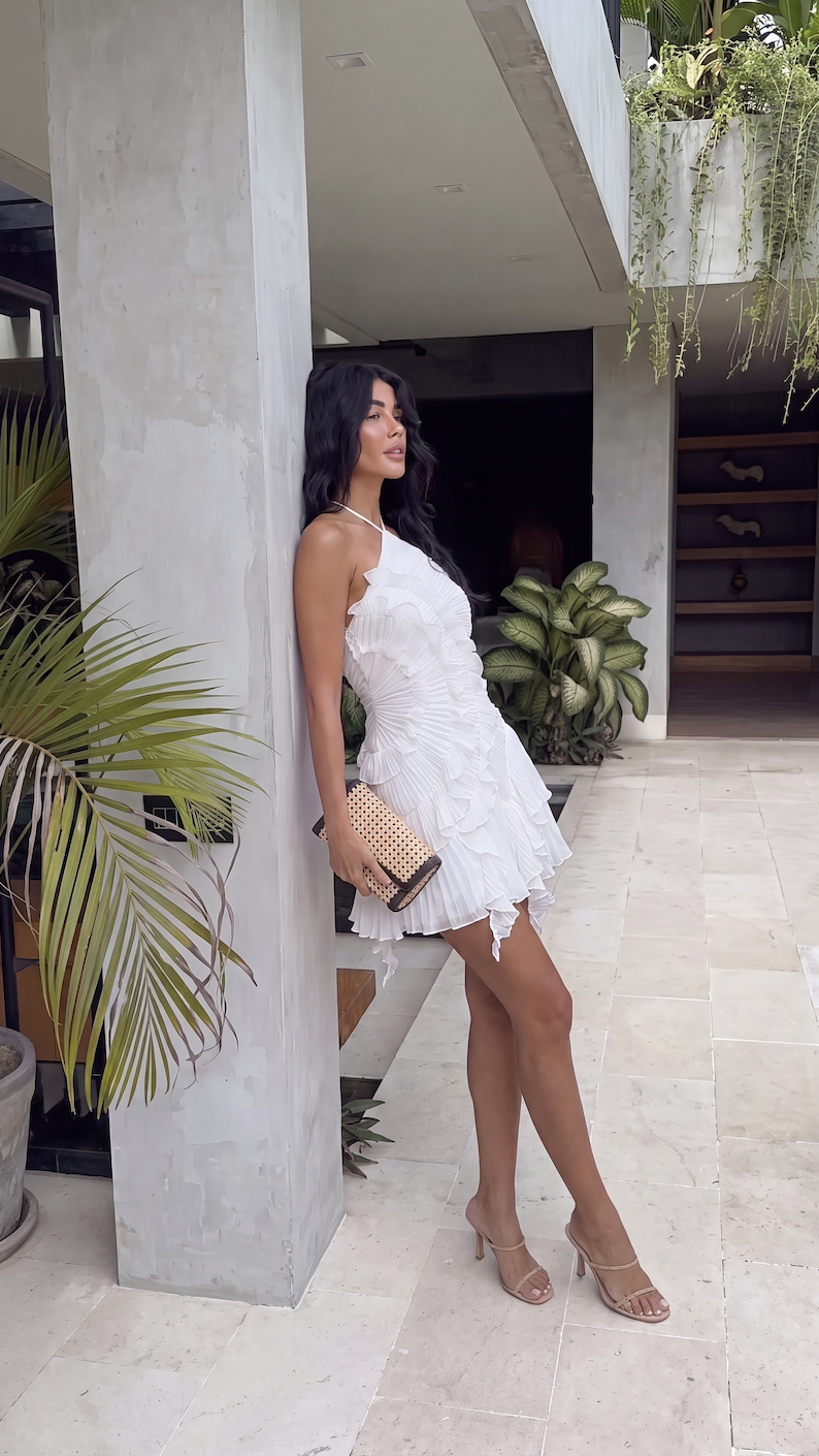 Charline | Women's Halter Neck Ruffle Mini Dress with Asymmetric Hem