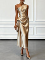 Heleen | Women's Draped One-Shoulder Satin Midi Dress
