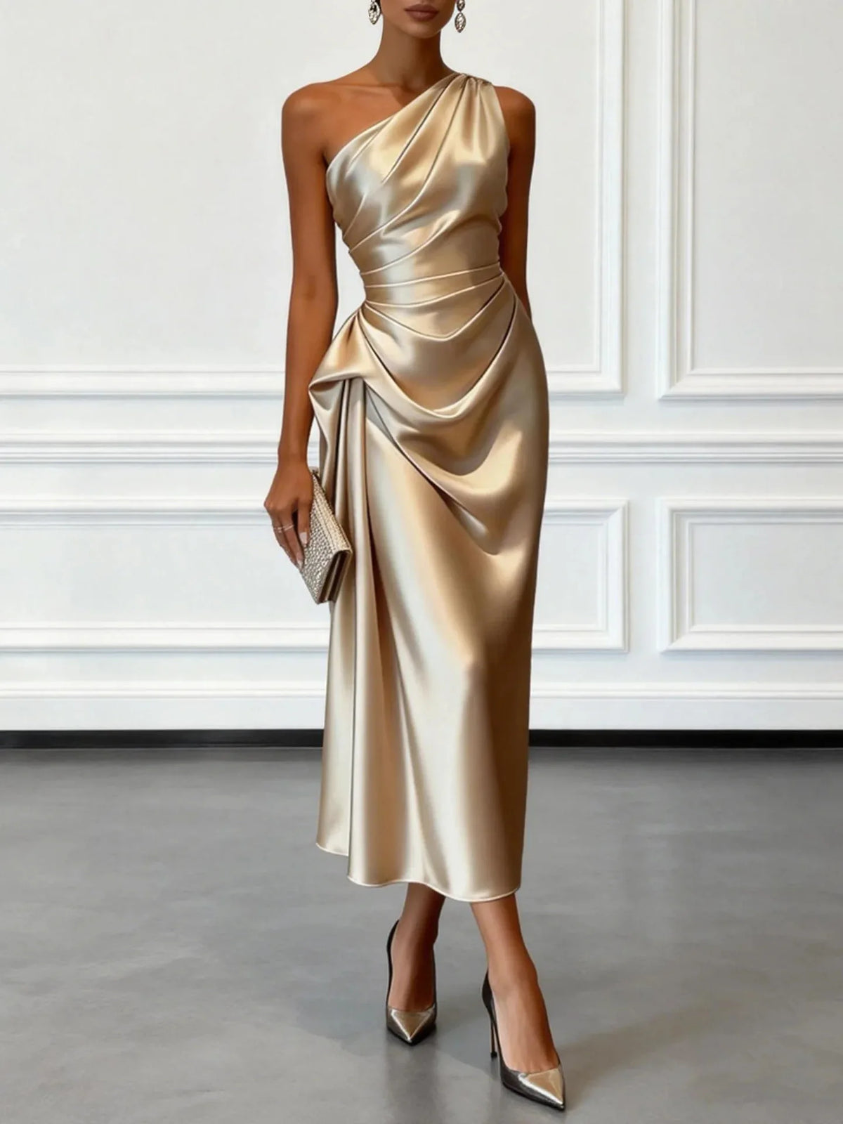 Heleen | Women's Draped One-Shoulder Satin Midi Dress