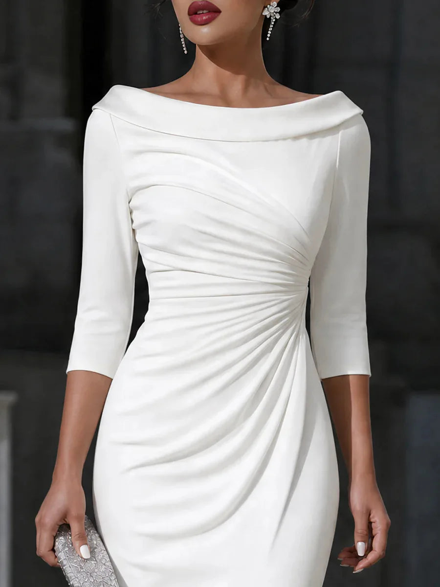 Karoline | Women's Ruched Boat Neck Cocktail Dress Knee-Length