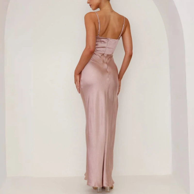 Ilona | Women's Satin Cowl-Neck Maxi Dress with High Slit