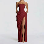Lynn | Women's Strapless Ruched Maxi Dress with High Slit
