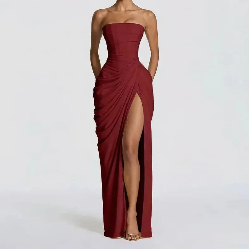 Lynn | Women's Strapless Ruched Maxi Dress with High Slit