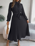 Nanna | Women's Belted Pleated Midi Dress with Mock Neck
