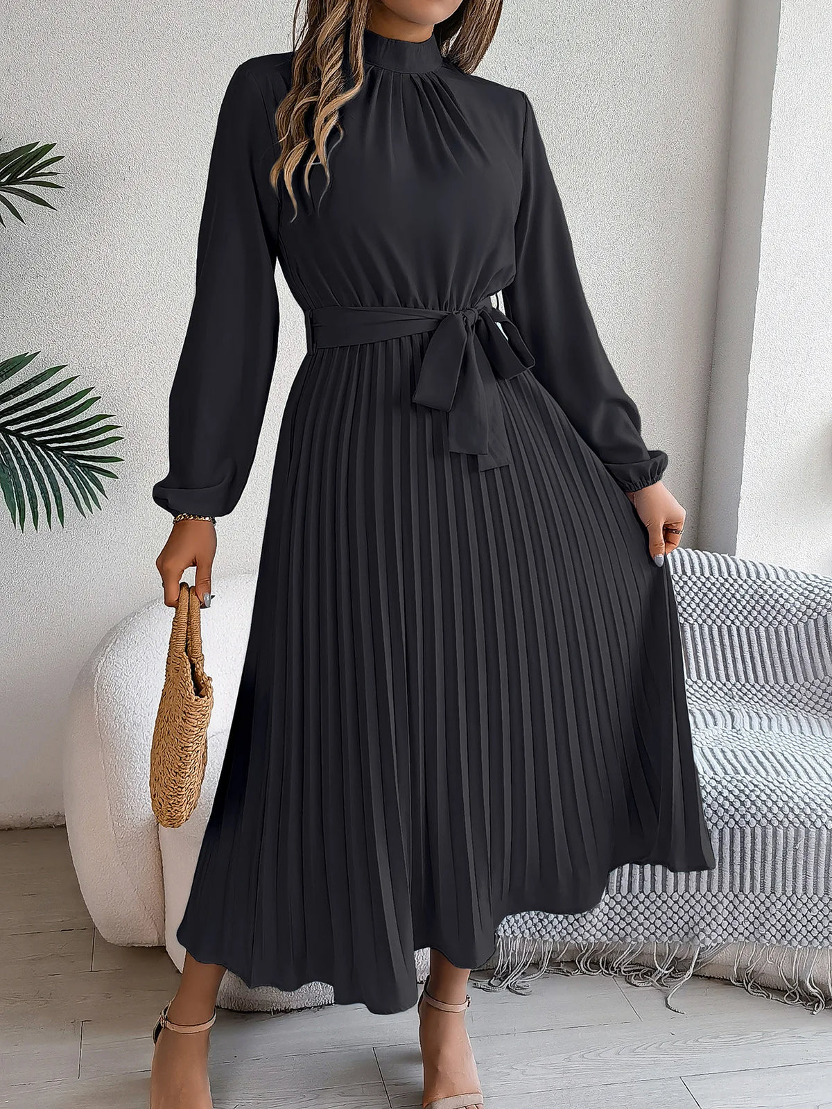 Nanna | Women's Belted Pleated Midi Dress with Mock Neck