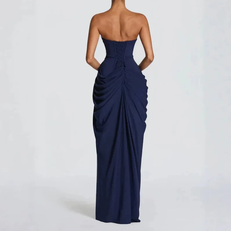 Lynn | Women's Strapless Ruched Maxi Dress with High Slit