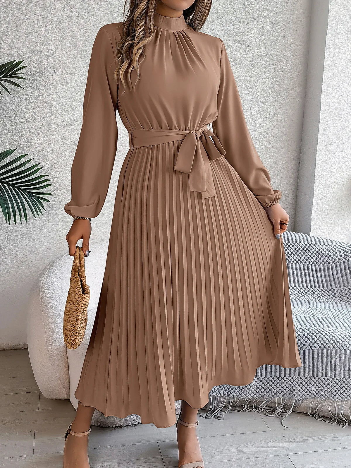 Nanna | Women's Belted Pleated Midi Dress with Mock Neck