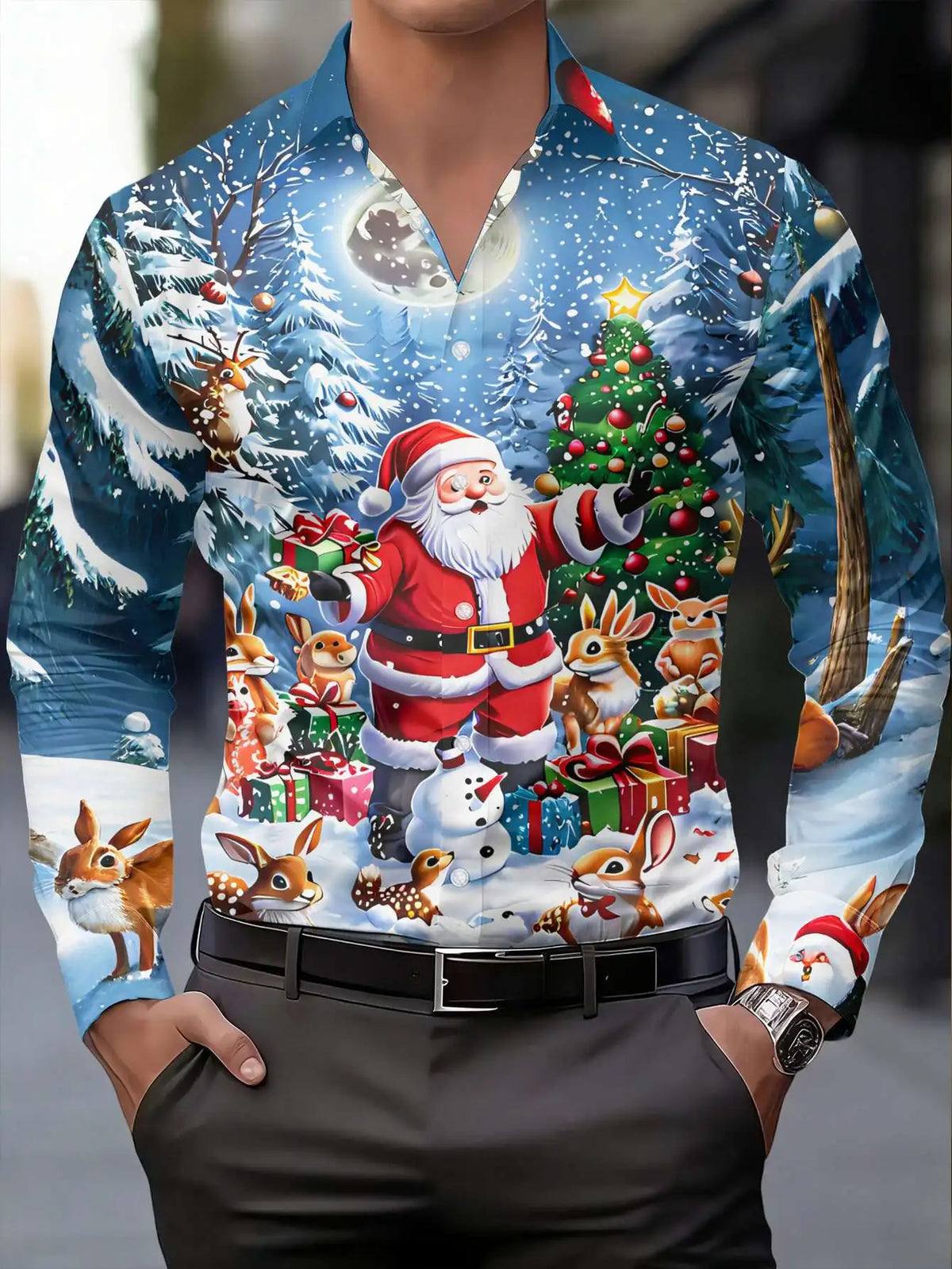 Jared | Men's Christmas Blouse with Santa Claus Print, Button-Up