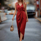 Cathrine | Women's Wrap-Front Satin Midi Dress with Slit