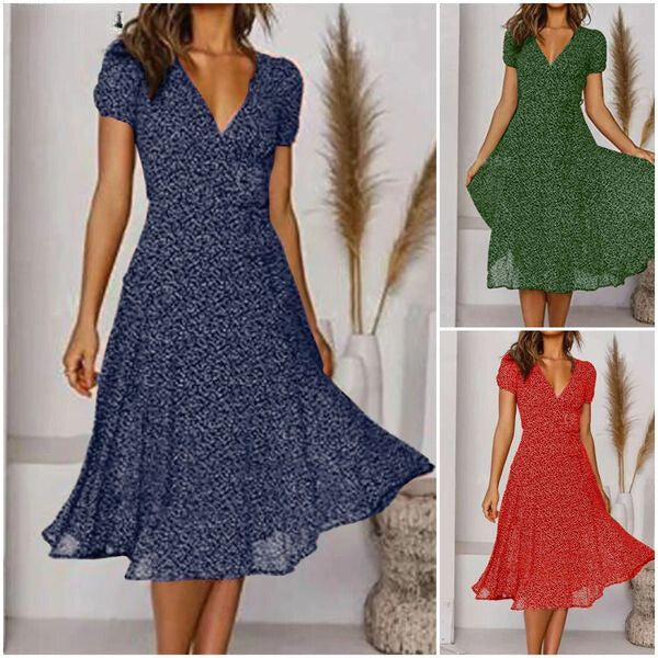 Pauline | Women's V-Neck Puff-Sleeve Swing Midi Dress