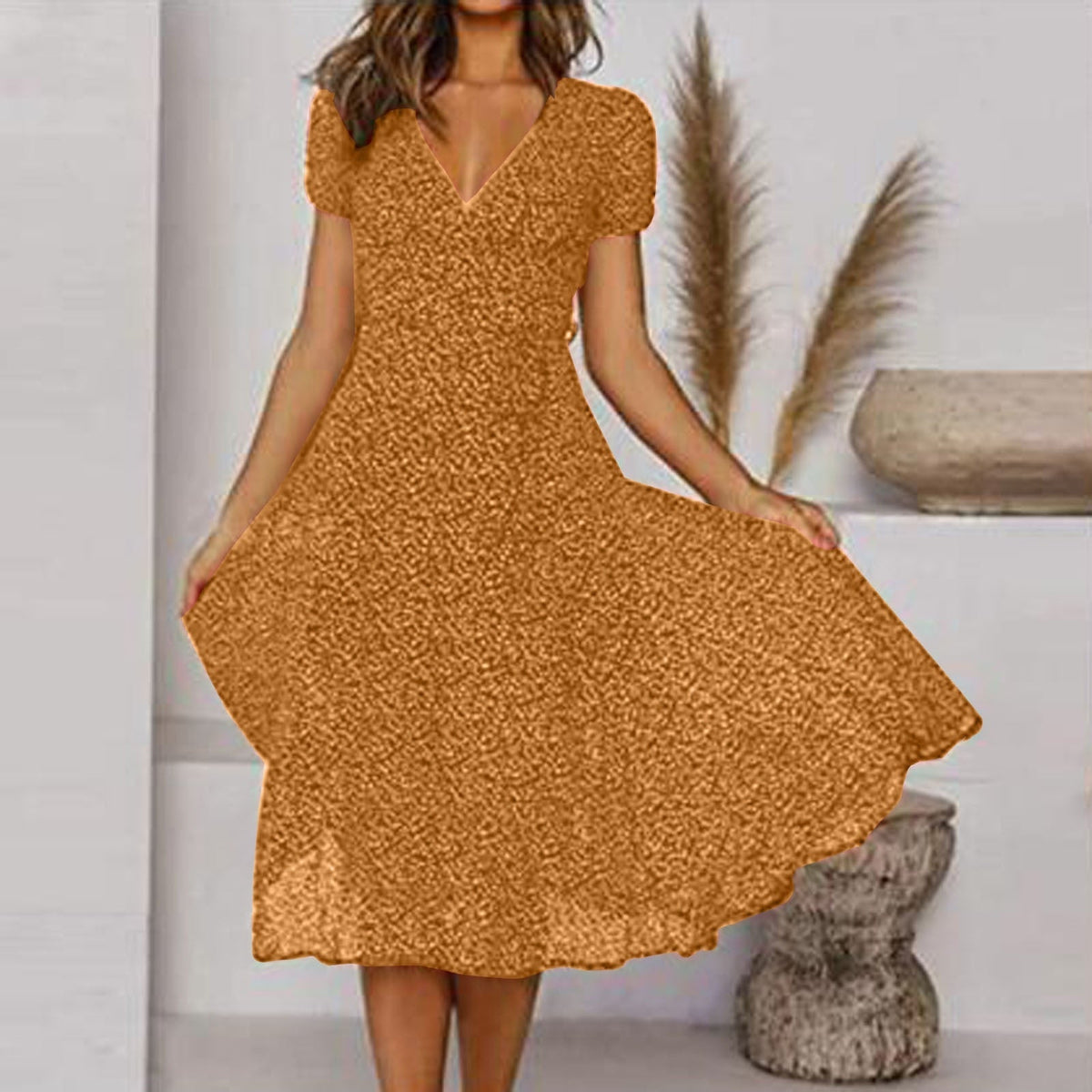 Pauline | Women's V-Neck Puff-Sleeve Swing Midi Dress