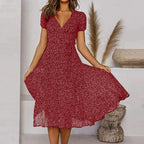 Pauline | Women's V-Neck Puff-Sleeve Swing Midi Dress